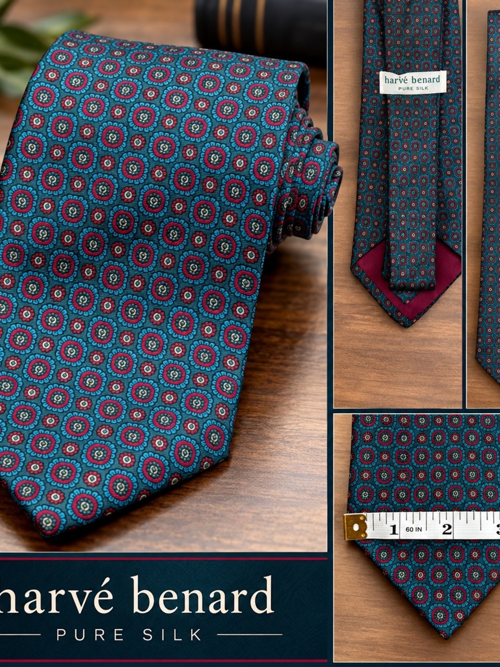 Harvé Benard Pure Silk Men’s Neck Tie Teal Burgundy Medallion Geometric Pattern